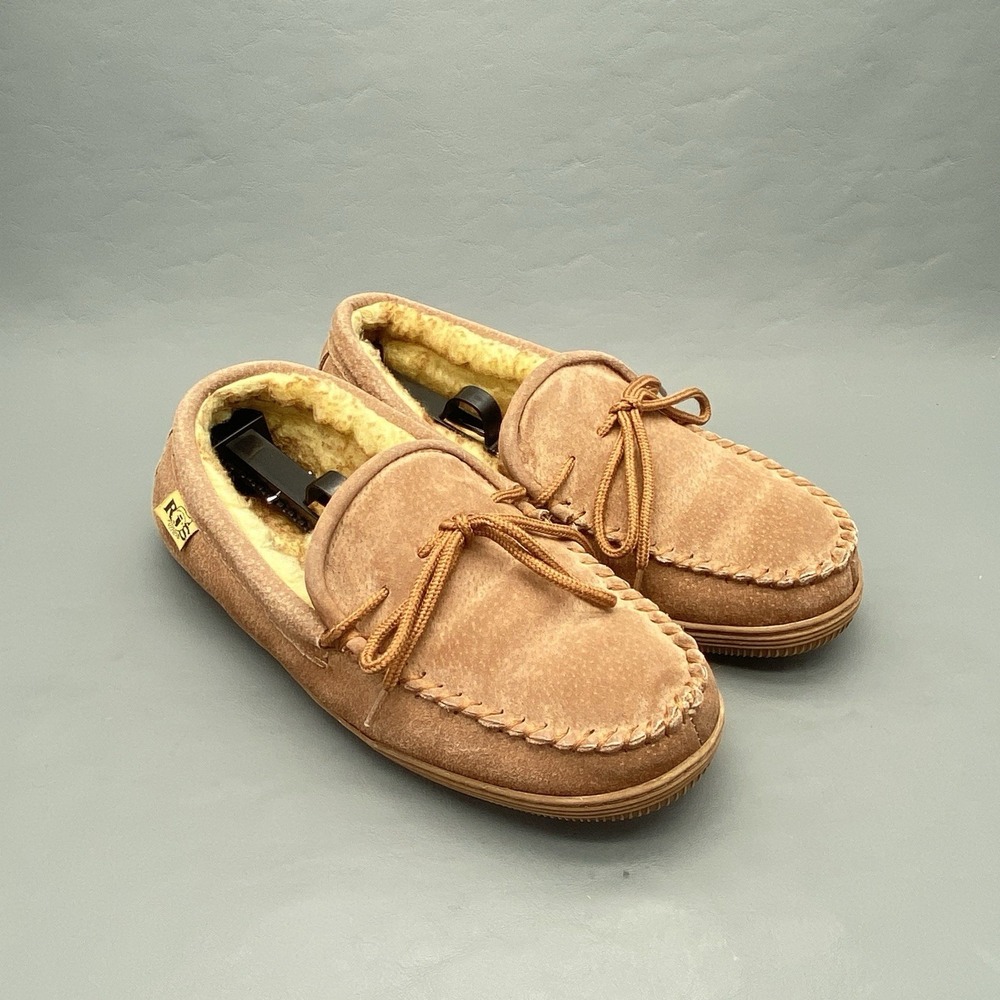 RJS Fuzzies Mens Size 11 M11 Suede Leather Moccasin Slippers Fur Lined Shoes